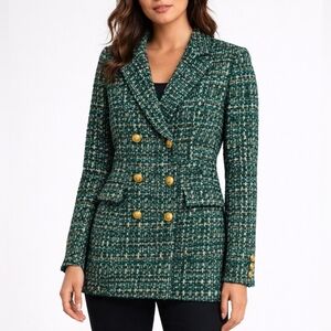 Adelyn Rae Forest Green Tweed Blazer Jacket Double Breasted Brass Buttons